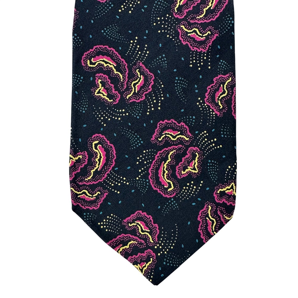 Pierre Balmain Couture Silk Tie Navy Blue Pink Yellow Abstract Paisley Designer